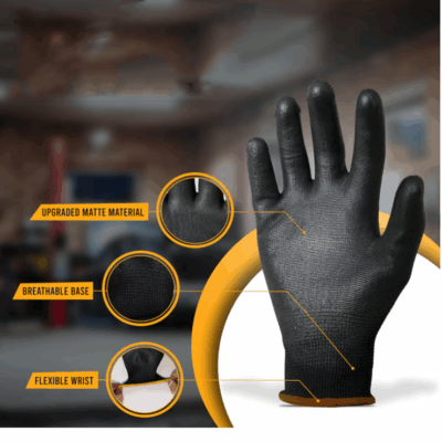 Black seamless nylon PU coated work gloves