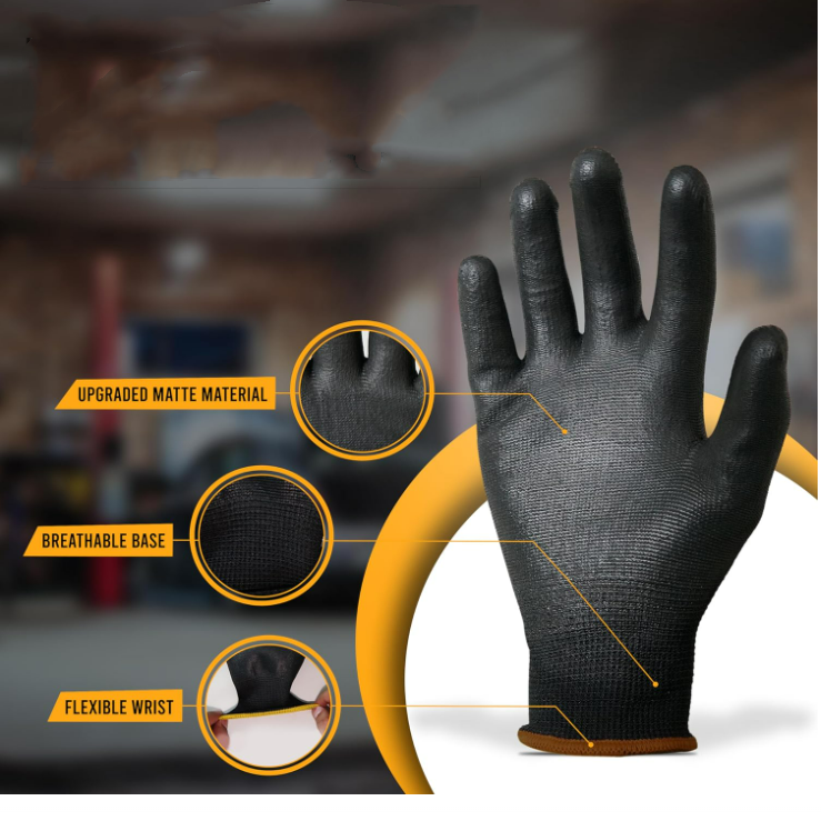 Snell Safety Black Nylon PU Palm Coated Work Gloves Manufacturer (1) Black seamless nylon PU coated work gloves
