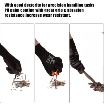 Black seamless nylon PU coated work gloves