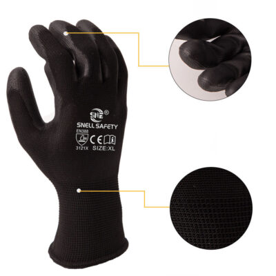 Black seamless nylon PU coated work gloves